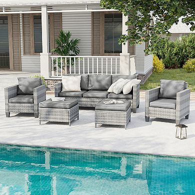 5-Piece Patio Sofa Set Grey Rattan Outdoor Furniture Set Three-Seat Sofa Ottomans