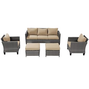 5 pc Patio Sofa Set Grey Rattan Outdoor Furniture Set Three-Seat Sofa Ottomans