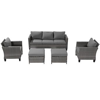 5 pc Patio Sofa Set Grey Rattan Outdoor Furniture Set Three-Seat Sofa Ottomans