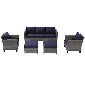 5 pc Patio Sofa Set Grey Rattan Outdoor Furniture Set Three-Seat Sofa Ottomans