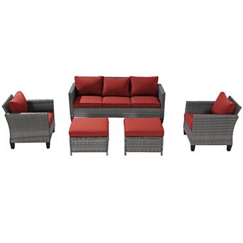 5 pc Patio Sofa Set Grey Rattan Outdoor Furniture Set Three-Seat Sofa Ottomans
