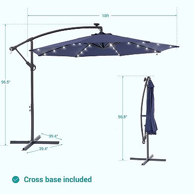 10ft Patio Offset LED Umbrella Outdoor Hanging Umbrellas w/Solar Lights and Angle Adjustment