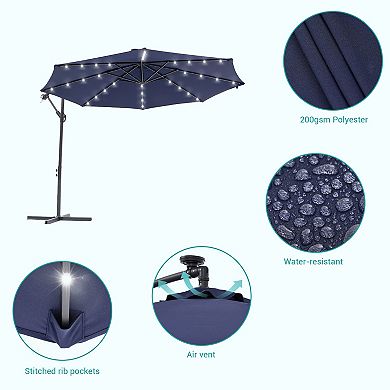 10ft Patio Offset LED Umbrella Outdoor Hanging Umbrellas w/Solar Lights and Angle Adjustment