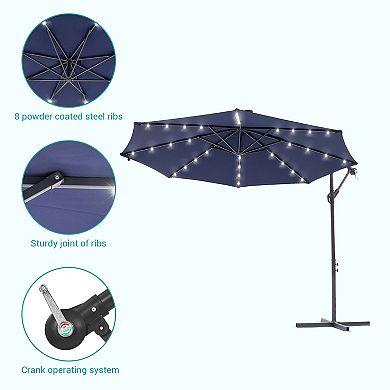10ft Patio Offset LED Umbrella Outdoor Hanging Umbrellas w/Solar Lights and Angle Adjustment