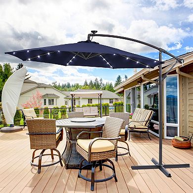 10ft Patio Offset LED Umbrella Outdoor Hanging Umbrellas w/Solar Lights and Angle Adjustment
