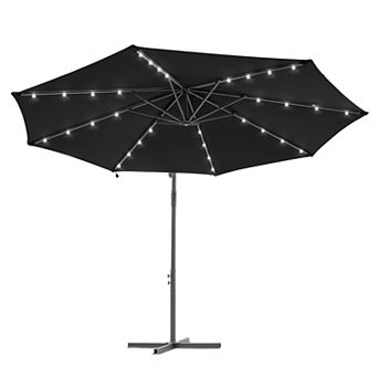 10ft Patio Offset LED Umbrella Outdoor Hanging Umbrellas w/Solar Lights and Angle Adjustment
