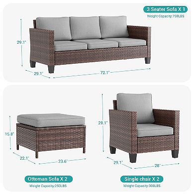 5-Piece Patio Sofa Set Brown Rattan Outdoor Furniture Set Three-Seat Sofa Ottomans