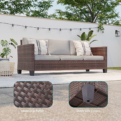 5-Piece Patio Sofa Set Brown Rattan Outdoor Furniture Set Three-Seat Sofa Ottomans
