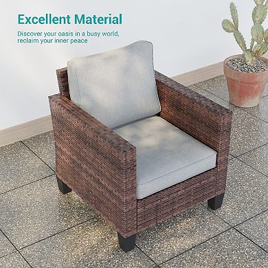 5-Piece Patio Sofa Set Brown Rattan Outdoor Furniture Set Three-Seat Sofa Ottomans