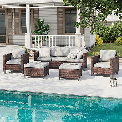 5-Piece Patio Sofa Set Brown Rattan Outdoor Furniture Set Three-Seat Sofa Ottomans