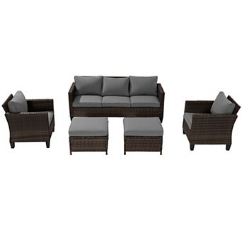 5 pc Patio Sofa Set Brown Rattan Outdoor Furniture Set Three-Seat Sofa Ottomans