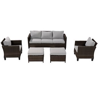 5 pc Patio Sofa Set Brown Rattan Outdoor Furniture Set Three-Seat Sofa Ottomans