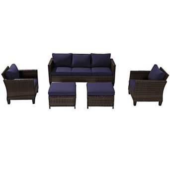 5 pc Patio Sofa Set Brown Rattan Outdoor Furniture Set Three-Seat Sofa Ottomans