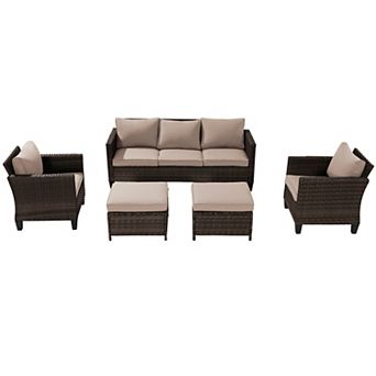 5 pc Patio Sofa Set Brown Rattan Outdoor Furniture Set Three-Seat Sofa Ottomans