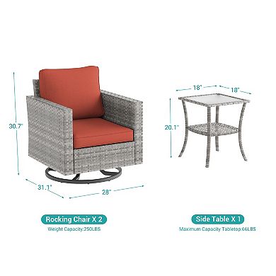 3-Piece Patio Chair Set Grey Rattan Swivel Rocking Chair Set with Side Table
