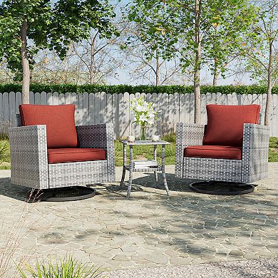 3-Piece Patio Chair Set Grey Rattan Swivel Rocking Chair Set with Side Table