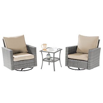 3 pc Patio Chair Set Grey Rattan Swivel Rocking Chair Set with Side Table