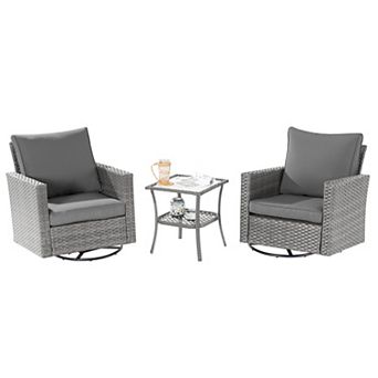 3 pc Patio Chair Set Grey Rattan Swivel Rocking Chair Set with Side Table