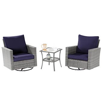 3 pc Patio Chair Set Grey Rattan Swivel Rocking Chair Set with Side Table