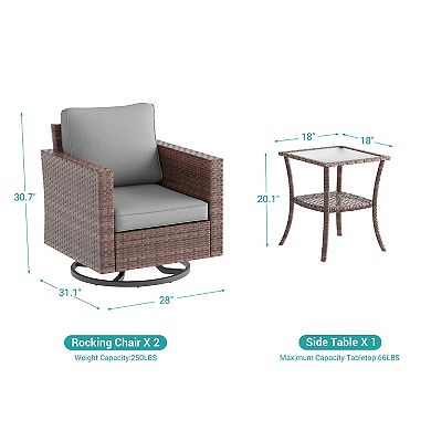 3-Piece Patio Chair Set Brown Rattan Swivel Rocking Chair Set with Side Table