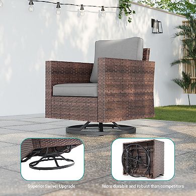 3-Piece Patio Chair Set Brown Rattan Swivel Rocking Chair Set with Side Table
