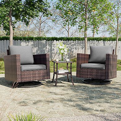 3-Piece Patio Chair Set Brown Rattan Swivel Rocking Chair Set with Side Table