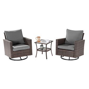 3 pc Patio Chair Set Brown Rattan Swivel Rocking Chair Set with Side Table