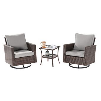 3 pc Patio Chair Set Brown Rattan Swivel Rocking Chair Set with Side Table