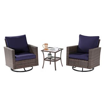 3 pc Patio Chair Set Brown Rattan Swivel Rocking Chair Set with Side Table