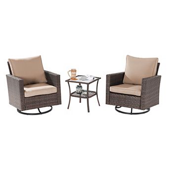 3 pc Patio Chair Set Brown Rattan Swivel Rocking Chair Set with Side Table