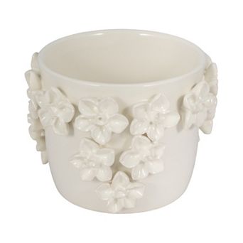 Glossy Ceramic Planter - Floral Design with Raised 3D Sculpted Flowers - 6", Ivory