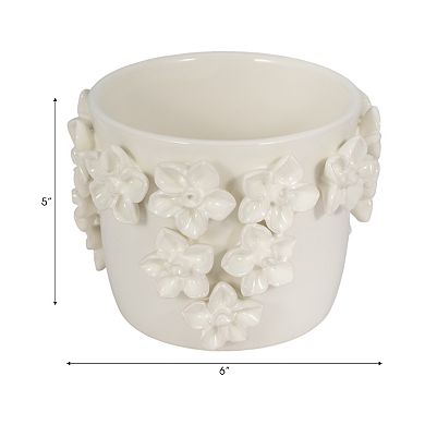 Glossy Ceramic Planter - Floral Design with Raised 3D Sculpted Flowers - 6", Ivory