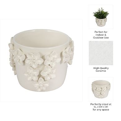 Glossy Ceramic Planter - Floral Design with Raised 3D Sculpted Flowers - 6", Ivory