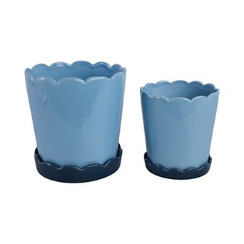 Glazed Ceramic Planters with Scalloped Rim & Saucer - Indoor and Outdoor - Set of 2, 8", 7" Blue