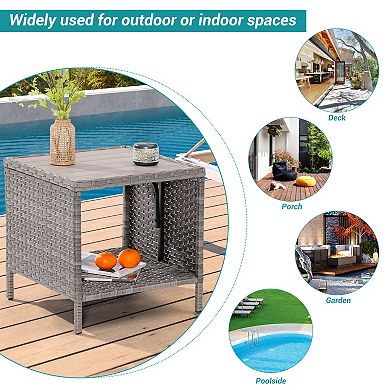 Outdoor PE Rattan Side Table, Square Water-Proof Coffee HIPS Tabletop for Indoor and Outdoor