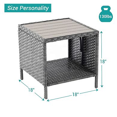 Outdoor PE Rattan Side Table, Square Water-Proof Coffee HIPS Tabletop for Indoor and Outdoor
