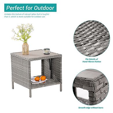 Outdoor PE Rattan Side Table, Square Water-Proof Coffee HIPS Tabletop for Indoor and Outdoor