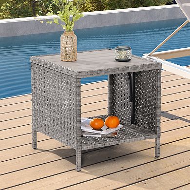 Outdoor PE Rattan Side Table, Square Water-Proof Coffee HIPS Tabletop for Indoor and Outdoor
