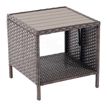 Outdoor PE Rattan Side Table, Square Water-Proof Coffee HIPS Tabletop for Indoor and Outdoor