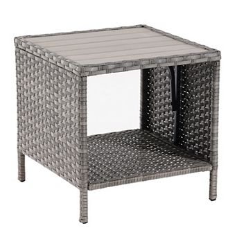 Outdoor PE Rattan Side Table, Square Water-Proof Coffee HIPS Tabletop for Indoor and Outdoor