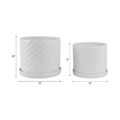 Planter Set Ceramic Raised Dot Texture Gloss Finish Indoor/Outdoor Use Set of 2 - 10", 9" White