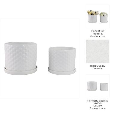 Planter Set Ceramic Raised Dot Texture Gloss Finish Indoor/Outdoor Use Set of 2 - 10", 9" White