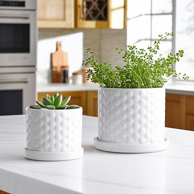 Planter Set Ceramic Raised Dot Texture Gloss Finish Indoor/Outdoor Use Set of 2 - 10", 9" White