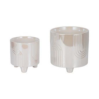 Modern Ceramic Planters with Geometric Design - Indoor and Outdoor - Set of 2, 8", 6" Ivory & Tan