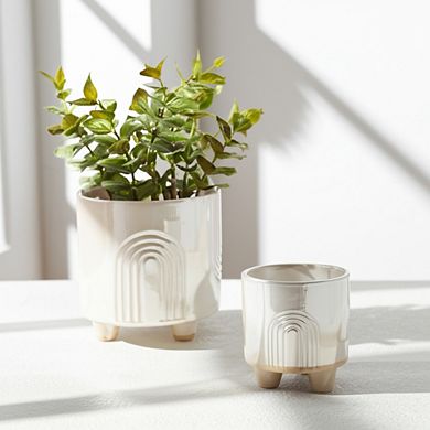 Modern Ceramic Planters with Geometric Design - Indoor and Outdoor - Set of 2, 8", 6" Ivory & Tan