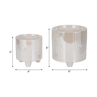 Modern Ceramic Planters with Geometric Design - Indoor and Outdoor - Set of 2, 8", 6" Ivory & Tan