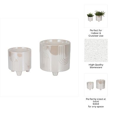 Modern Ceramic Planters with Geometric Design - Indoor and Outdoor - Set of 2, 8", 6" Ivory & Tan