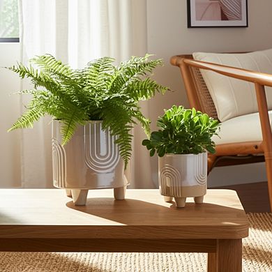 Modern Ceramic Planters with Geometric Design - Indoor and Outdoor - Set of 2, 8", 6" Ivory & Tan