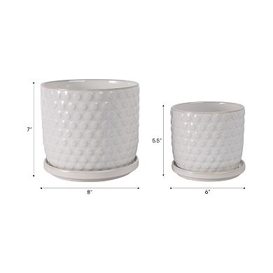 Decorative Ceramic Flower Pot Planter with Saucer - Set of 2, 7", 6", White