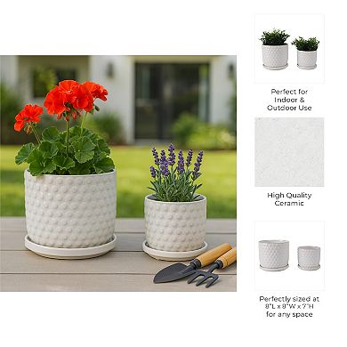 Decorative Ceramic Flower Pot Planter with Saucer - Set of 2, 7", 6", White
